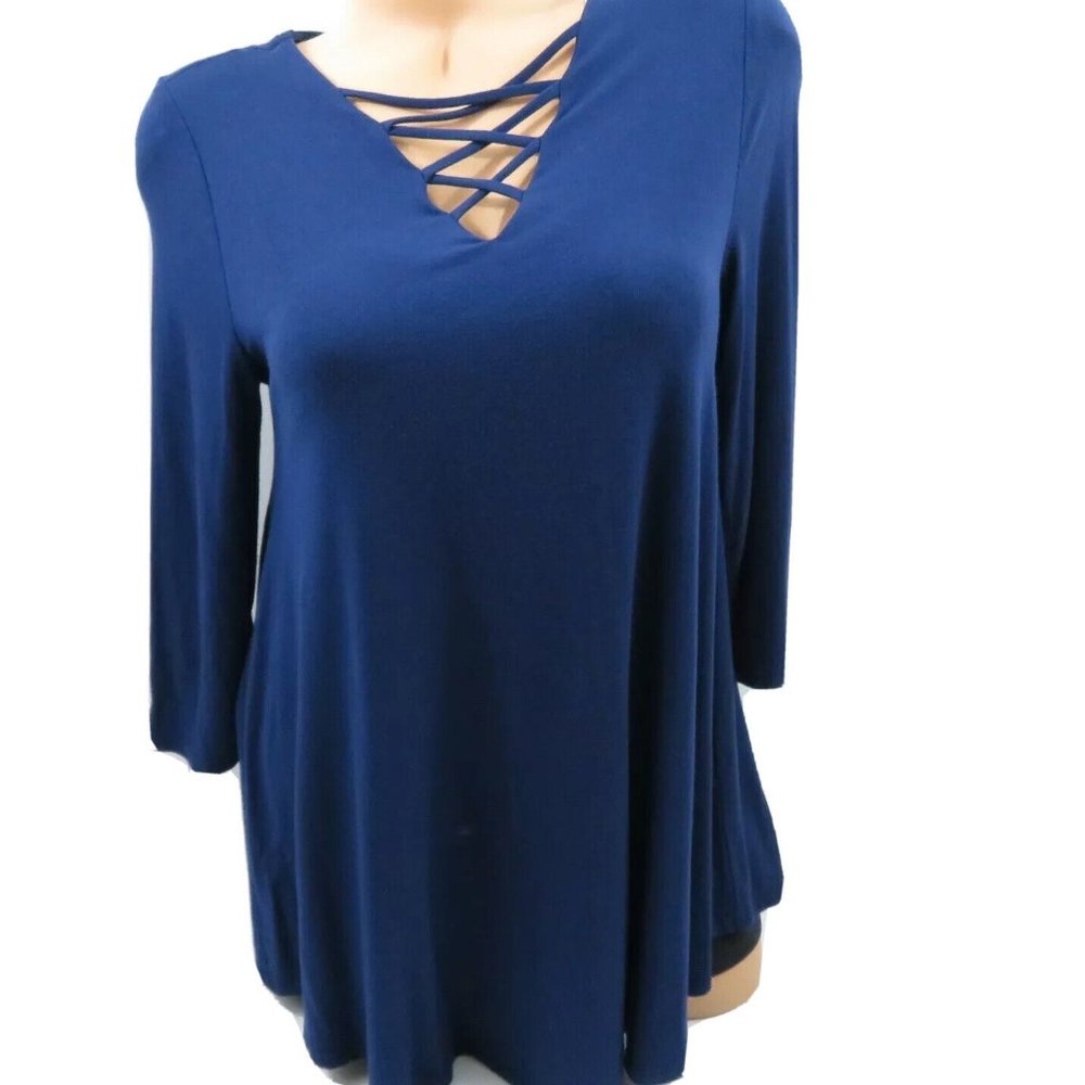 Peck & Peck Blue Knit Tunic 3/4 Sleeves Ladder Style V-Neck